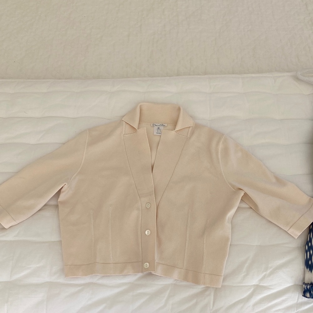 Oscar de la renta cropped short sleeve cardigan, beige/ivory